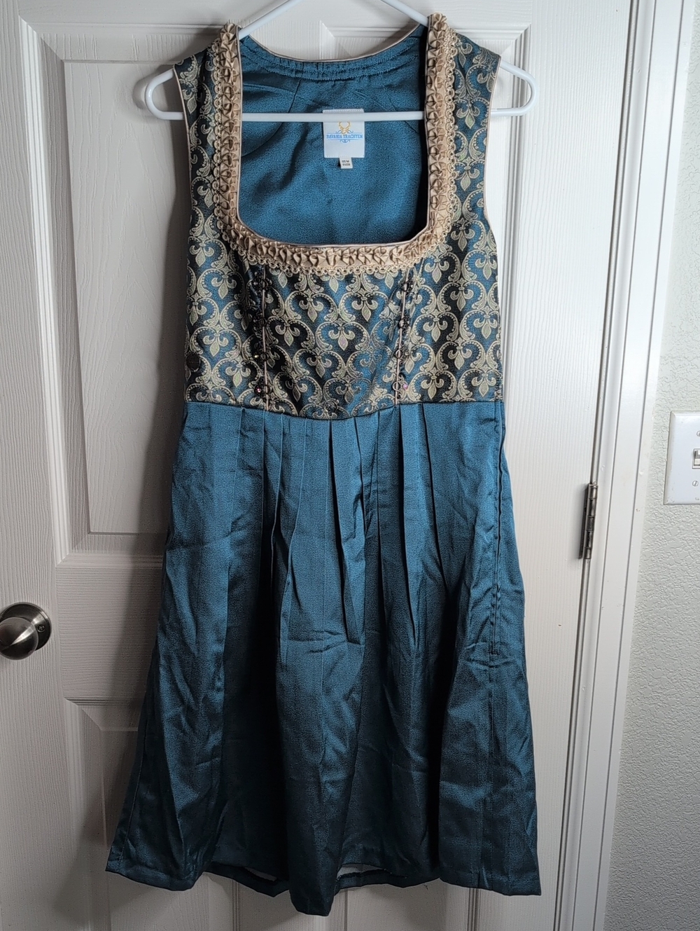 Bavaria Trachten Teal Dress with Gold Brocade Bodice Size M